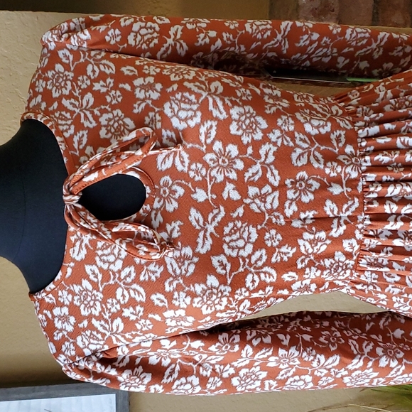 🆕️ Lark + Grey Women's Floral Rust Orange Long Sleeve Pleated Dress SIZE: PS - Picture 2 of 13